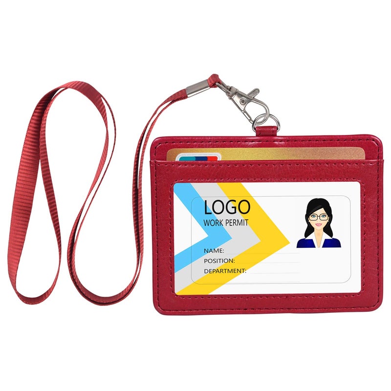 Teskyer Badge Holder with Lanyard, Leather ID Name Badge Card Holder with Lanyard for ID Badges, Horizontal Wine Red - Image 1